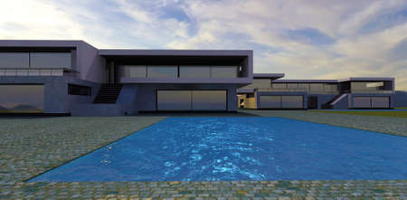 Two advanced high-tech buildings. Modern shape, flat roof, spacious terraces and large pools. 3d rendering. It will be interesting for designers of suburban real estate.の写真素材