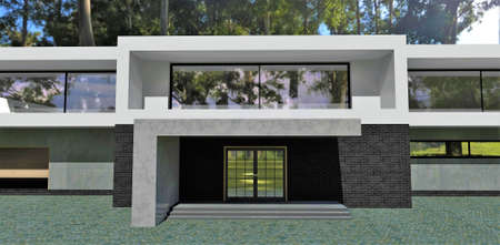 Flat roof high tech building in a forest. Entranse to the house. Black bricks, concrete and gray marble finishing. 3d rendering.の写真素材