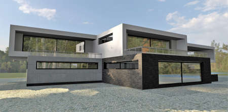 Modern high-tech house with a flat roof and spacious balconies. Finishing of a facade from concrete and a black brick. sunglare. 3d rendering.の写真素材