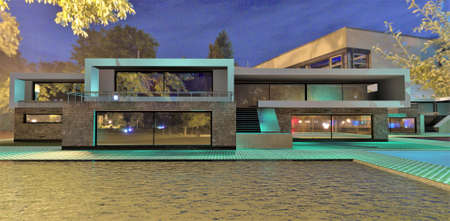Advanced high-tech house on the shore of an artificial lake. night view. Beautiful turquoise light. 3d rendering.の写真素材