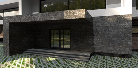 Entrance to an advanced high-tech house. Finishing in gray old stone. specific steps. Solar glare plays on the facade. Grass grows through paving stones. 3d rendering.の写真素材