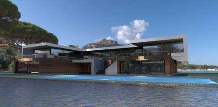 Beautiful modern villa with a swimming pool on an island in a forest lake. Bright blue sky Sun glare on a wooden facade. 3d rendering.の写真素材