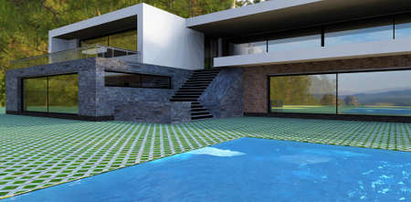 Advanced high-tech house in a dense pine forest. Flat roof, blue water swimming pool and spacious balconies. Finishing of old brick and artificial stone. Grass grows through pavingの写真素材