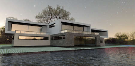 Luxurious high-tech house on the shores of Lake Superior in the USA. A wonderful starry evening. 3d rendering.の写真素材