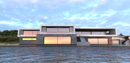 Luxurious high-tech house on the shores of Lake Ontario in Canada. The rays of the rising sun are...