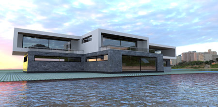 Modern high-tech house on the shores of Lake Michigan in the USA at dawn. The rays of the rising sun are reflected in the water. 3d rendering.の写真素材