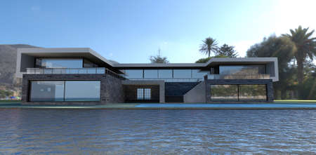 Luxurious high-tech villa on the shore of a mountain lake. Spacious terraces, blue water swimming pool, and flat roof. 3d rendering.の写真素材