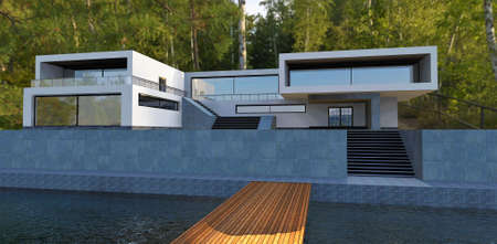 A chic high-tech country house in a birch forest on the river bank. Concrete jetty and wooden pier. 3d rendering.の写真素材