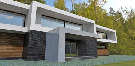 Birch forest behind a modern high-tech house. Sergo marble porch. The wooden facade creates a feeling of comfort. 3d rendering.の写真素材
