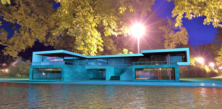Stunning fairy tale house in turquoise light pools on the shore of the lake. 3d rendering.の写真素材