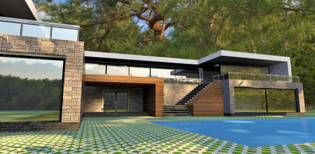Stunning high-tech house in a pine forest. Exterior finish in slate and facade boards. Steep pavers and a beautiful blue water pool. 3d rendering.の写真素材