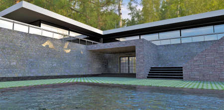 Shady yard of a modern high-tech house. Wall decoration - old gray stone. waves in the pool. Sunlight on the facade. Grass grows through paving stones. 3d rendering.の写真素材