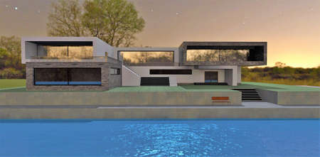 Quiet night in the village on the lake. Big beautiful high-tech house. Specific pier. Night lights are reflected in the water. 3d rendering.の写真素材