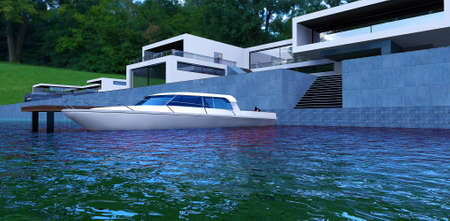 Advanced country villa in the forest near the lake. A white speedboat is moored to a concrete jetty. 3d rendering.の写真素材