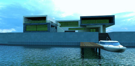 Modern high-tech villa with a flat roof on the banks of the river. A white motorboat is moored to a wooden pier. 3d rendering.の写真素材