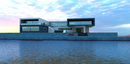 Futuristic dacha on the Dnieper after cultivation. A high-tech house with a flat roof and large reflective windows. The stairs descend to the concrete pier. 3d rendering.の写真素材