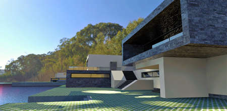 Morning at a luxurious high-tech villa. Sun glare plays on the paving stones in the yard. The stairs descend at the concrete pier. 3d rendering.の写真素材