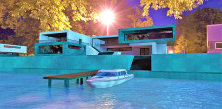 Chic high-tech country house on the river with its own pier. Romantic setting in turquoise light. A speedboat is moored nearby. 3d rendering.の写真素材