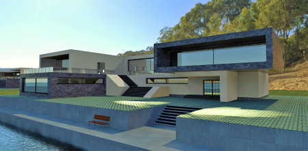 Stunning high-tech villa on the lake with a concrete pier. Sunglare on the cobblestones. The ladder descends to the bench. 3d rendering.の写真素材