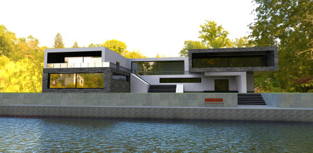 Beautiful high-tech country house on the lake with its own pier. Dense foliage of the autumn forest behind. There is a bench on the pier. 3d rendering.の写真素材
