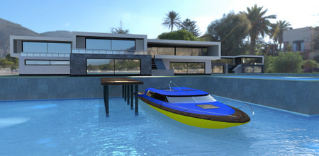 A fast yellow and blue motorboat is moored to the concrete pier of an advanced high-tech home. Mountains and palm trees in the background. Clear skies and blue water. 3d rendering.の写真素材