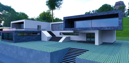 An advanced high-tech house with a flat roof and spacious balconies. Gray slate finish. Grass grows through paving stones. 3d rendering.の写真素材