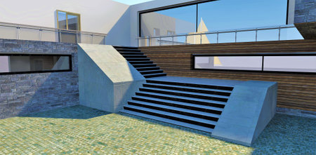 Exit to the courtyard of a modern high-tech house. Concrete staircase. Wall decoration - gray slate. Multi-colored pavement. 3d rendering.の写真素材