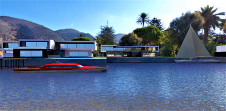Gorgeous view of the bay. On the shore advanced high-tech houses. A red motorboat is moored to a concrete pier. Mountains and palm trees in the background. 3d rendering.の写真素材