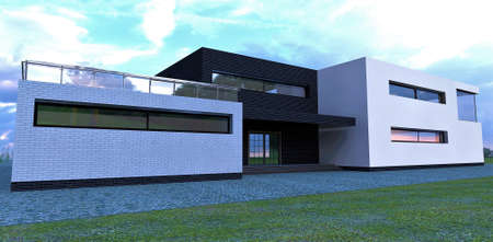 Advanced modern high-tech building. Flat roof, spacious fenced terrace. Facade decoration white and black brick. 3d rendering.の写真素材