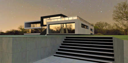 Quiet starry night. A white sailboat moored at a concrete pier is reflected in the window of a modern high-tech house. 3d rendering.の写真素材