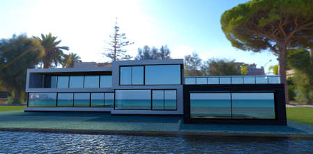 High tech luxury building on an island. Much mirror glass, white finidhing, and black brick. Pulm trees are on the background. 3d rendering.の写真素材