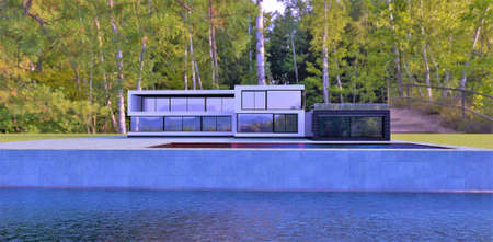 High tech luxury building on an island. Much mirror glass, white finidhing, and black brick. Pulm trees are on the background. 3d rendering.の写真素材