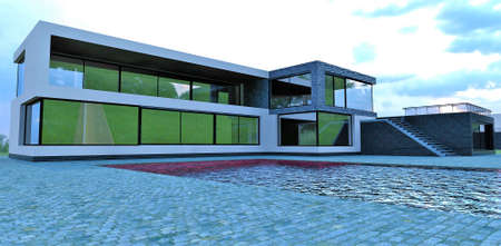 Conceptual design of a high-tech building with a swimming pool. Large reflective windows, oblong smooth shapes. Staircase leading to a spacious terrace. 3d rendering.の写真素材