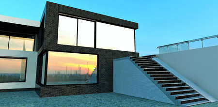 Advanced high-tech house. Staircase to the terrace. Finishing - black brick. The mirrored window reflects the urban landscape. 3d rendering.の写真素材