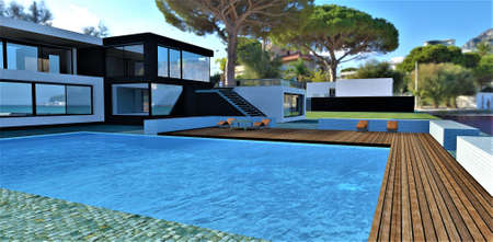 Pool with blue water in the courtyard of a high-tech house. Wooden terrace and spacious lounge area with sunbeds. 3d rendering.の写真素材