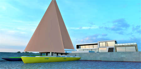 Berth of an advanced high-tech house. Sailing yacht and motor boat are moored to the pier. cloudy sky. 3d rendering.の写真素材