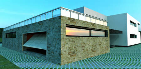Modern high-tech building. Open garage, enclosed deck, and old reddish slate facade. Advanced blind area made of perforated stone. 3d rendering.の写真素材