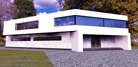 Conceptual design of a country high-tech house. Unusual shape, concrete finish. Spacious damage and flat roof. 3d rendering.の写真素材