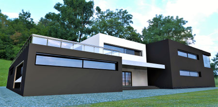 Black and white modern high-tech building with a flat roof. Roof terrace fence metal and glass. 3d rendering.の写真素材