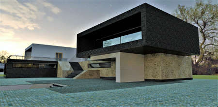 The concept of a technological country house with a flat roof. smooth lines. Staircase leading to spacious roof terrace. night view. 3d rendering.の写真素材