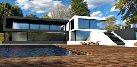 Wooden flooring around the pool of an advanced high-tech house. Black and white building. Wonderful summer landscape. 3d rendering.の写真素材
