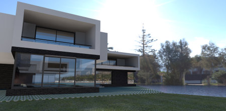 Contemporary high tech house on the shore of the lake. The mirrored windows reflect the bay. 3d rendering. Relevant for designers exploring trends in home design and construction.の写真素材