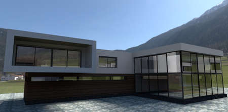Modern luxury building at the foot of the mountain. Wall decoration facade board. Mirrored windows reflect the environment. 3d rendering. Good for home decorating companies.の写真素材
