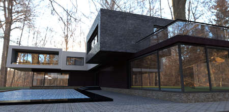 An amazing concept of an contemporary high-tech home. transparent volume. Empty trees of late autumn forest. 3d rendering. Good idea for young designers.の写真素材