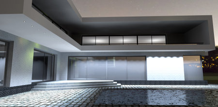 The concept of a futuristic high-tech house project. long rectangular terrace. night lighting. 3d rendering. An excellent idea for those who want to choose a house design for construction.の写真素材