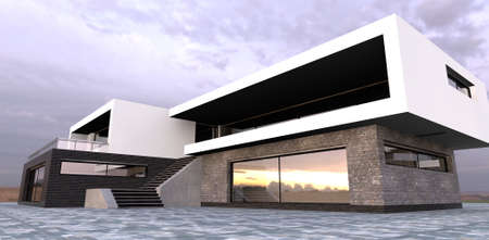 The concept of a futuristic country house. Flat roof, long rectangular shape. mirror windows. Thunder Sky. 3d rendering. Relevant for designers exploring trends in home design and construction.の写真素材