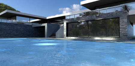 Pool of a futuristic country house. Flat roof, spacious terrace. The walls are slate grey. Sun glare on blue water. 3d render..jpg Can be used for advertising of contemporary houses design.の写真素材