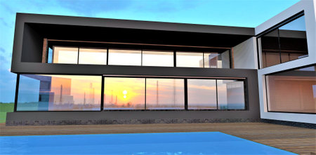 Reflection of the sunset in the windows of a modern high-tech house. Wooden deck around the pool with blue water. 3d rendering. May be useful for advertising luxury real estate.の写真素材