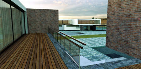 Spacious patio of a modern high-tech home. Terrace board covering. glass and metal railings. 3d rendering. May be useful for advertising luxury real estate.の写真素材