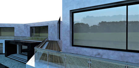 modern patio. Terrace board flooring. glass and metal fence. Finishing of a facade gray marble. 3d rendering. May be useful for advertising luxury real estate.の写真素材